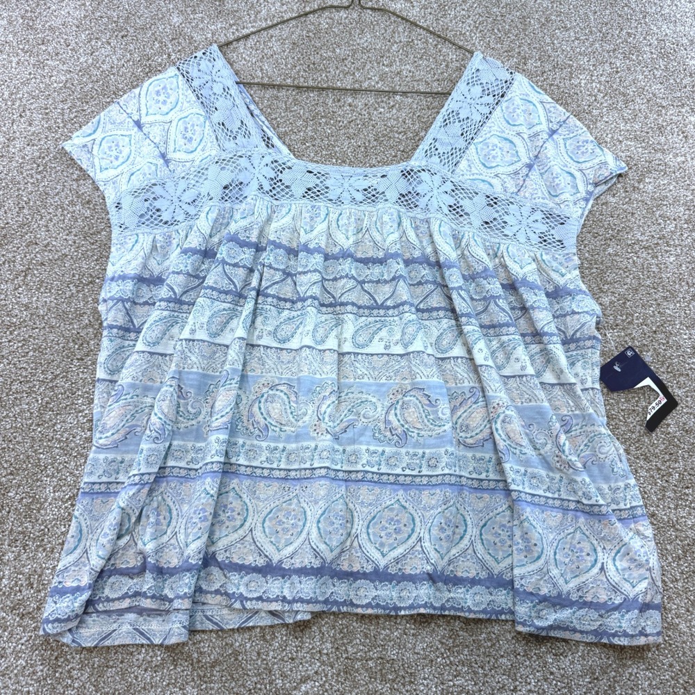Lucky Brand Womens Small Blue Paisley Lace Trim Crochet Boho Top NEW Festival